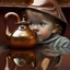 Placeholder: The reflection of a child on the surface of an old copper teapot