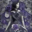 Placeholder: Ultra realistc woman in black dress with black hair Around black and purple roses. background. An intricate detailed white 3D paper patchwork.