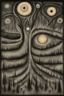 Placeholder: Liminal Dreamscape nightmare about disembodied alien eyes illuminating the darkness; Primitive Art; Ink Wash; Black With Iridescent Pastels