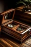 Placeholder: Generate an image of a Bey Berk watch box placed on a polished mahogany surface. The box should be opened, revealing a luxurious interior with space for multiple watches. The lighting should be soft, casting gentle shadows, and emphasize the craftsmanship and detail of the watch box."