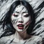 Placeholder: paper portrait of Goth Asian woman, lying pose, face distorted with pain, reverse colors, screaming, tears streaming from eyes, glitchcore, horror, ultra realist texture,