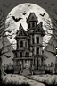 Placeholder: A full-page illustration of the haunted house from the outside with spooky details like bats, a full moon, and eerie shadows, crisp line, white background, line art, only use out line art