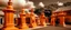 Placeholder: An orange colored western town with a pump station designed in Hawaiian tiki statues painted by Andy Warhol