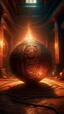Placeholder: Create an image of old copper sphere with strange runes in side a temple with dim light of fire torch on the wall in the background, Bosch painting style nightmare