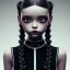 Placeholder: jenna ortega, wednesday addams hair style, wednesday make up, wednesday addams black dress, cinematic, addams family wednesday style, hyper detail, 8k resulation