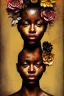 Placeholder: an abstract painting of rusted metal and flowers, african portrait, rust, scaffolding, iron cladding, decay, mixed media, textured, anatomically correct, beautiful perfect face, sharp focus, highly detailed