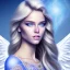 Placeholder: portrait of a beautiful woman with an angel face smiling,long blond hair, blue eyes, pink and blue dress, jewels, soft light aura