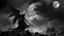 Placeholder: surreal dreamlike scene, stunning warrior fallen angel with sword, mystic gloomy, surreal dark shadows and pale light, stones, rocks, dark vibe, come strom , dark colors, , moon with black darkness, fog, detailed, spalh art, black and white art