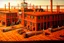 Placeholder: An orange colored mechanical factory with arrows designed in Moroccan rug art painted by Georges Seurat