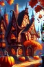 Placeholder: Fantasy village with tudor style architecture and stained glass window houses. The season is autumn and there are some pumpkins fantasy rpg art painterly