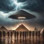 Placeholder: Hyper Realistic UFO aliens vs pharaoh army outside Pyramids with thunderstorm at dark rainy night