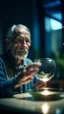 Placeholder: portrait of confused old man holding a glass bowl in glass nursery studying his own fingers, bokeh like f/0.8, tilt-shift lens 8k, high detail, smooth render, down-light, unreal engine, prize winning