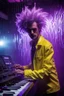 Placeholder: French cool synth player with crazy techno acid hair, he is called "Jean-Maurice Brûlée" performing at dance club, his name is "Jean-Maurice Brûlée" , white and purple Neon lights and purple smog, yellow water shower rain sprays, and "URINIUM" big sign on the wall, he is playing on synthesizers on stage with lot of laser beams and wearing black sunglasses, an earth is projected in background