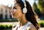 Placeholder: cute brunette woman listening a training in sunshine