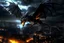 Placeholder: black dragon flying across the city at night dark fantasy lightening legs outstretched