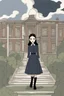 Placeholder: Wednesday Addams wore a fit-and-flare dress hitting below the knees, made of finely ribbed wool in a muted charcoal. Three-quarter sleeves and a high lace collar lent it an air of mystery. At the waist was tied a wide sash of deepest navy silk, swaying gently as she walked. On her narrow feet were oxford shoes the color of stormclouds, laced up to her ankles. A felt hat the same gunmetal hue covered her dark bob, its slight brim casting deepening shadows across her pale.