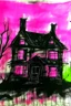 Placeholder: creepy house half pink/black drawing by a child on paper by wax sticks
