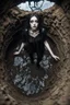 Placeholder: Closeup tall Girl goth with big eyes, fullbody, ragged clothes, extended like roots, the perspective looking up from the bottom of an empty well , midle underwater, mud under, 8k,macro photography,