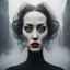 Placeholder: a photo of gothic girl, surrealism style, large head, dali, three eyes in your face, red lips, newyork city fog, zoom out, wide angle