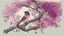 Placeholder: A bird drawing in a tree with a lot of pink flowers.