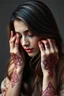 Placeholder: A breathtakingly beautiful woman with long, flowing brown and ash-toned hair delicately adjusts her hair with her fingers, showcasing a nose pin and hands adorned with intricate maroon henna patterns. This image is a high-quality photograph that captures her elegance and grace. Every detail is exquisitely depicted, from the subtle hues of her hair to the intricate designs on her nails, creating a mesmerizing portrait of timeless beauty. ultra realistic 8k image
