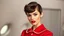 Placeholder: 1950s pin up style portrait of a stunning beautiful brunette stewardess in red uniform with pixie cut and very big red lips looking a bit like Elodie Cherie