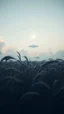 Placeholder: Windblown grass with winds with clouds and moon in the background, high quality picture 8k, beautiful cinematic lighting and all gray colors , ufo starship in the background in a far distance