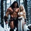 Placeholder: Giant muscular male mountain man with long dark hair with a petit female with long blonde hair, dark fantasy, snowy forest