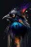 Placeholder: abstract painting, watercolor, full color, black background, 8k resolution, splashed, varied brushstrokes, bird head look down and bird eyes look across