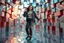 Placeholder: beautiful lady with todays modern clothing and sport shoes, in surreal stage made of fractal random size recursive objects with helical strip colors in clothing similar to environment full body dancing to camera,animating background metallic random color cubes