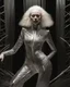 Placeholder: A mesmerizing fusion of intimate abstraction and surreal futurism, depicting a striking female albino figure adorned in a breathtaking silver chrome-scaled suit. The intricate structure of the suit echoes the hyper-fractal nature of a coherent hyper-position lattice, creating a dynamic interplay of light and form that seems almost otherworldly. Her presence is both mysterious and seductive, yet tinged with an innocent vulnerability, as she gazes outward with an expression of deep longing. Ether