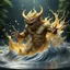 Placeholder: 3d demons angle clay style, water splashing of monster out from liquid effect, gold colours, dominating the wave, fully magical forest in the middle, splashes around