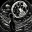 Placeholder: Man mesmerized by the moon, by B. Kliban, minimalistic creepy sketch, dark colors, complex contrast, dynamic composition