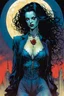 Placeholder: create a fine art print illustration of a seductive, Semnoni female vampire seeress, clothed in an ornate but ragged bliaud with highly detailed feminine facial features, bathed in a dread, pale light , shrouded in a fetid mist at midnight , in the comic book art style of Bill Sienkiewicz, and Jean Giraud Moebius, finely textured, drawn, colored, and inked