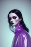 Placeholder: painting by koson ohara and marta bevacqua, portrait of a beautiful goth woman with long black hair, wearing a plastic raincoat, purple neon lighting, 8k, high quality, highly detailed