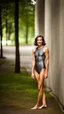 Placeholder: anorexic beautiful woman, age 21, total shot, short anthracite triathlon swimsuit, wavy bob haircut, brunette hair, blurred concrete background