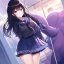 Placeholder: Clear focus, High resolution, Long fluffy black hair, Purple eyes, Wearing a sailor uniform, must be wearing a short skirt, 2 puffy big tails hanging behind her back