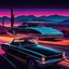 Placeholder: Last Drive: rear 3/4 view, ((a man (with long hair and sunglasses) in a cabriolet car by night in the desert, aside a beautiful girl driving)). Neon speed lines and a motel in background. grainy photo realistic, 80's horror poster, Frazetta, synthwave, dark and moody ambience