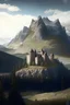 Placeholder: fotografía panorámica de un castillo europeo medieval de piedra construido en una planicie rodeada de bosques, con grandes cordilleras montañosas noruegas en el fondo