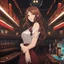 Placeholder: anime style, An Arrogant-Looking Young Woman With Pale Skin, Red Eyes, And Long Brown Hair. In a nightclub. High Definition, Greg Rutkowski, 8k Resolution, Intricate Details