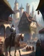 Placeholder: A medieval fantasy village, bustling with market stalls, armored knights on horseback, and a towering castle overlooking the scene.