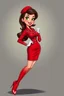 Placeholder: realistic full body cartoon in the style of Francois Walthery's Natacha series of adventurous, elegant brunette French stewardess lady, aged 55, posing in a tight, short, red uniform dress. She has red stewardess cap, green eyes, strong makeup, big bright red lips, long lashes and shiny white latex gloves. She has shiny, high heeled red boots.