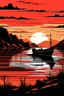 Placeholder: Delve into the tranquility of a coastal landscape art, featuring a fishing boat at a lake during sunset. The flat background style and darkly romantic illustration, in hues of dark amber and red, evoke a sense of serene beauty.