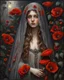 Placeholder: Pre-Raphaelite, chiaroscuro visibly textured oil painting young, Ultra-realistic, hyperrealistic, ethereal and naturally beautiful, alluring young Hyperrealistic Octane render of a mystical maiden cloaked in a translucent veil embroidered with crimson poppies and ash-gray vines, glowing softly. Dark enchanted garden in background, delicate silver thread, whimsical textures, surreal post-impressionist impasto acrylic layer cinematic shadows and maximalist. intricately detailed
