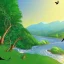 Placeholder: Nature, hills, river, trees, birds flyinghd, illustration