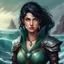 Placeholder: dungeons & dragons; digital painting; female; warlock; black hair; sea green eyes; sailor; the fathomless; ocean; deep sea; soft light; soft; young; leather armor; clothes for sea travel