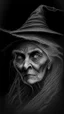 Placeholder: pencil drawing of old witch, Spooky, scary, halloween, realistic, black paper