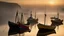 Placeholder: Fishermen’s boats anchored around a Scottish harbour near a fishing village, fishermen putting fishing nets on their boats, mist covering the distance, calm sea, early morning, sunrise, the moment the sun rises, beautiful romantic photograph, excellent composition, atmospheric, realistic