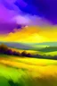 Placeholder: Abstract oil painting landscape background. Colorful yellow and purple sky. oil painting outdoor landscape on canvas. Semi- abstract tree, hill and field, meadow. Sunset landscape nature background