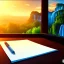 Placeholder: desk, parquet, sheet of paper, little pen, in front of one huge picture window with large view on a waterfall with warm light, sunset ,pixar style, panorama, nature, globe, HD